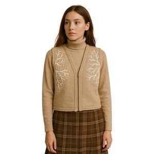COLDWATER CREEK Wool Embroidered Zip Vest Nude Winter Snowflake Cottagecore